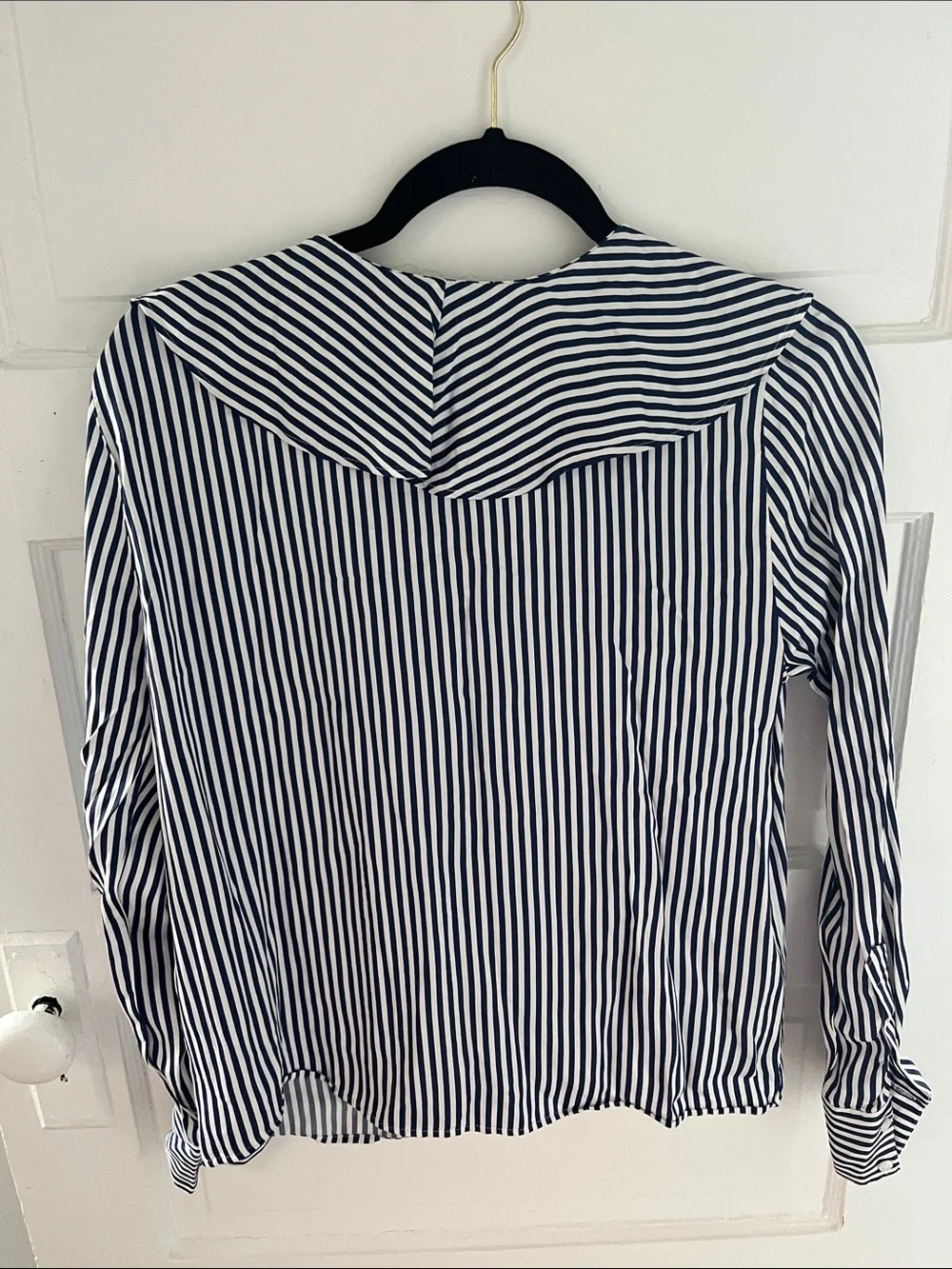 J. Crew Navy and White Striped Ruffle Collar Blouse
